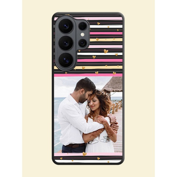 Multicolor Lines and Golden Love Symbols Design on Photo On Space Black Custom Soft Matte Mobile Back Cover - Samsung Galaxy S26 Ultra 5G