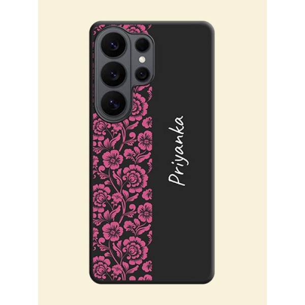 Pink Floral Pattern Design With Custom Text On Space Black Custom Soft Matte Mobile Back Cover - Samsung Galaxy S26 Ultra 5G Pink Floral Pattern Design With Custom Text On Space Black Custom Soft Matte Mobile Back Cover - Samsung Galaxy S26 Ultra 5G