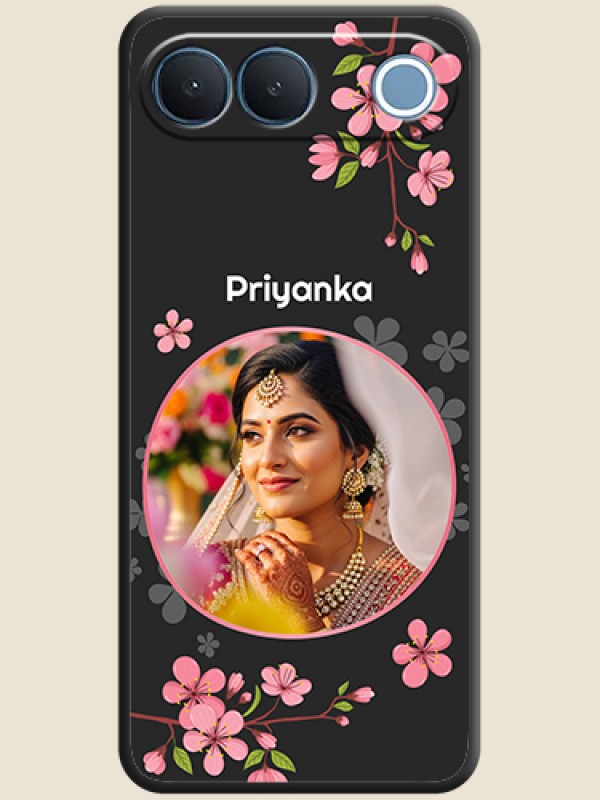 Round Image with Pink Color Floral Design on Photo On Space Black Custom Soft Matte Mobile Back Cover - Vivo S2 5G