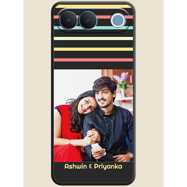 Color Stripes with Photo and Text on Photo On Space Black Custom Soft Matte Mobile Back Cover - Vivo S2 5G Color Stripes with Photo and Text on Photo On Space Black Custom Soft Matte Mobile Back Cover - Vivo S2 5G