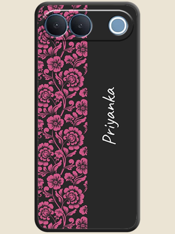 Pink Floral Pattern Design With Custom Text On Space Black Custom Soft Matte Mobile Back Cover - Vivo S2 5G