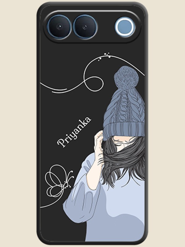 Girl With Blue Winter Outfiit Custom Text Design On Space Black Custom Soft Matte Mobile Back Cover - Vivo S2 5G