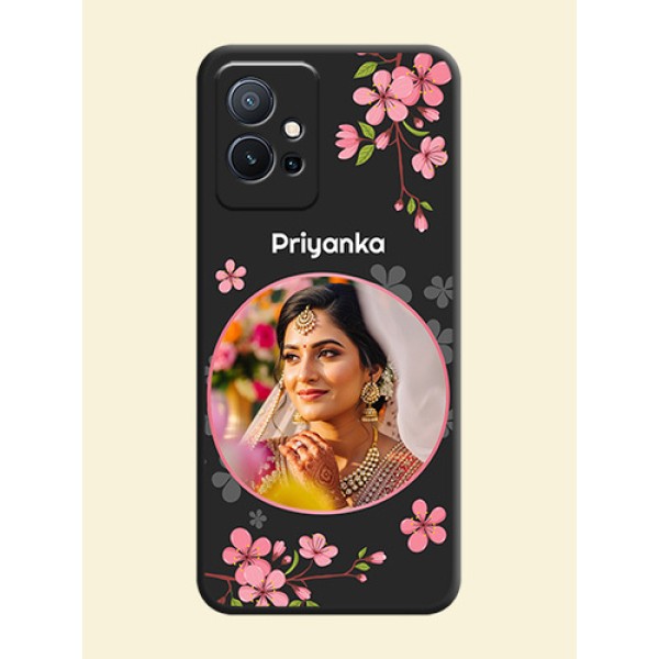 Round Image with Pink Color Floral Design on Photo on Space Black Soft Matte Back Cover - Vivo T1 5G