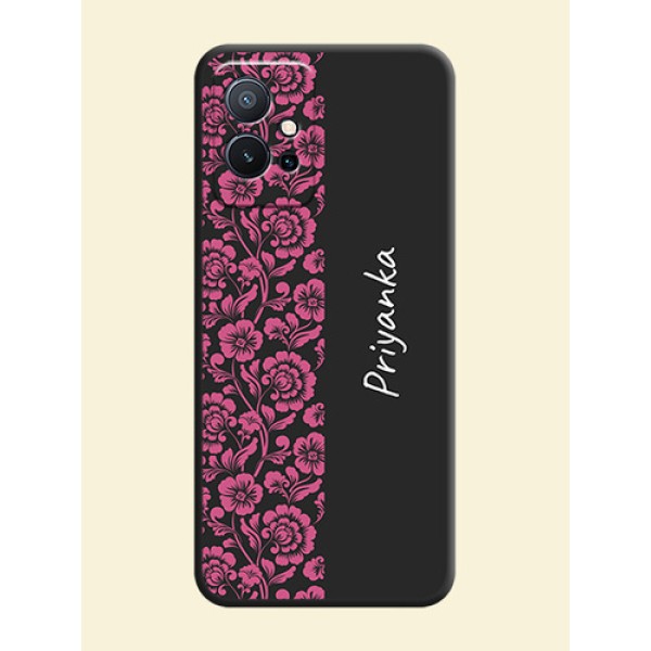 Pink Floral Pattern Design With Custom Text On Space Black Personalized Soft Matte Phone Covers -Vivo T1 5G Pink Floral Pattern Design With Custom Text On Space Black Personalized Soft Matte Phone Covers -Vivo T1 5G