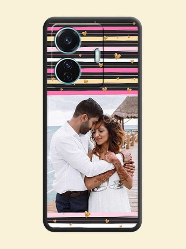 Multicolor Lines and Golden Love Symbols Design on Photo on Space Black Soft Matte Mobile Cover - Vivo T1 Pro 5G