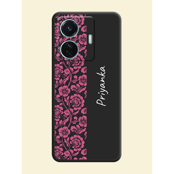 Pink Floral Pattern Design With Custom Text On Space Black Personalized Soft Matte Phone Covers -Vivo T1 Pro 5G Pink Floral Pattern Design With Custom Text On Space Black Personalized Soft Matte Phone Covers -Vivo T1 Pro 5G