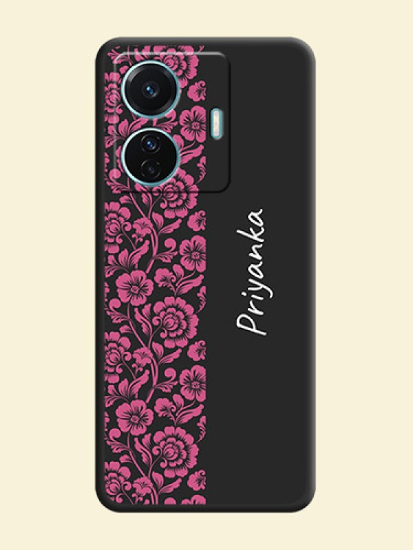 Pink Floral Pattern Design With Custom Text On Space Black Personalized Soft Matte Phone Covers -Vivo T1 Pro 5G