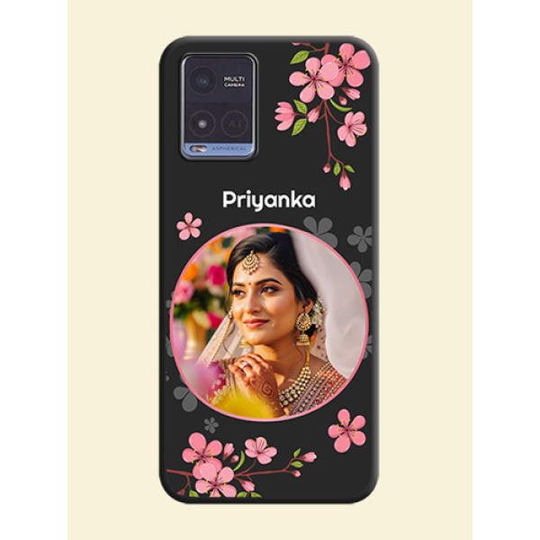 Round Image with Pink Color Floral Design on Photo on Space Black Soft Matte Back Cover - Vivo T1x