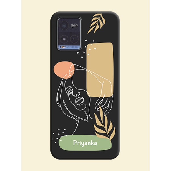 Custom Text With Line Art Of Women & Leaves Design On Space Black Personalized Soft Matte Phone Covers -Vivo T1X