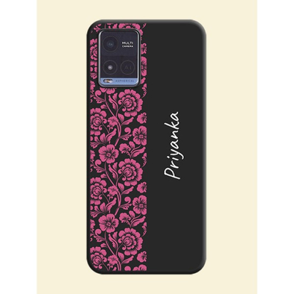 Pink Floral Pattern Design With Custom Text On Space Black Personalized Soft Matte Phone Covers -Vivo T1X Pink Floral Pattern Design With Custom Text On Space Black Personalized Soft Matte Phone Covers -Vivo T1X