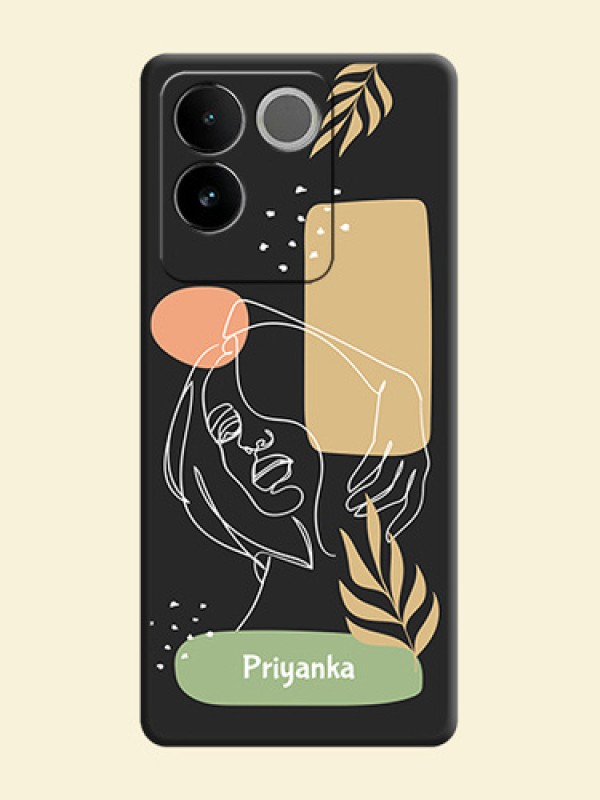 Custom Text With Line Art Of Women & Leaves Design On Space Black Custom Soft Matte Mobile Back Cover - Vivo T2 Pro 5G