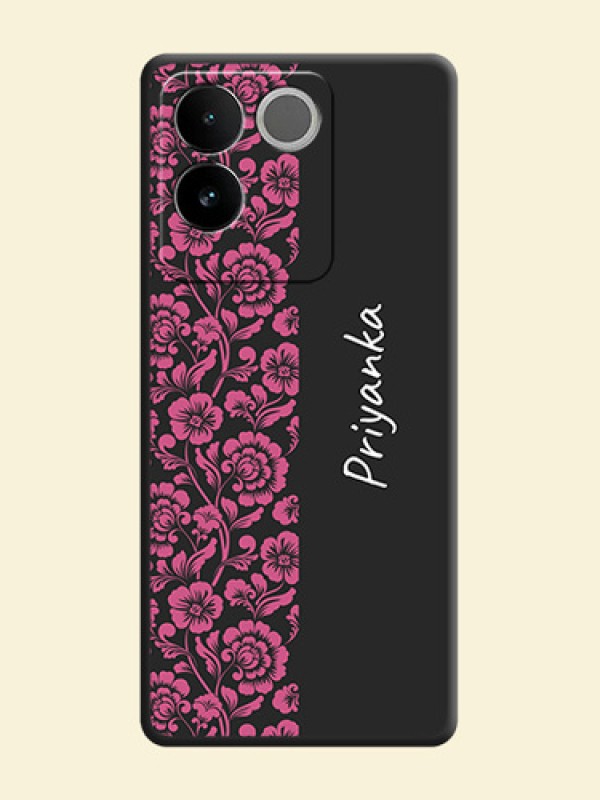 Pink Floral Pattern Design With Custom Text On Space Black Custom Soft Matte Mobile Back Cover - Vivo T2 Pro 5G