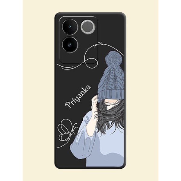Girl With Blue Winter Outfiit Custom Text Design On Space Black Custom Soft Matte Mobile Back Cover - Vivo T2 Pro 5G Girl With Blue Winter Outfiit Custom Text Design On Space Black Custom Soft Matte Mobile Back Cover - Vivo T2 Pro 5G