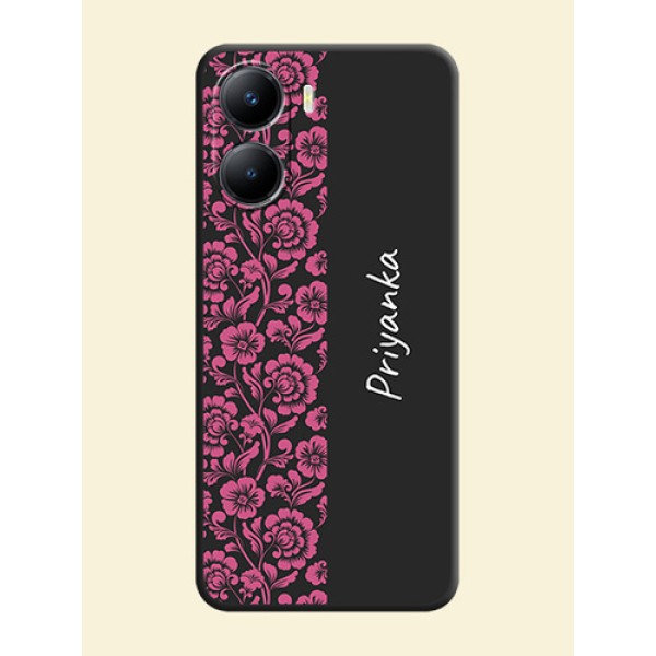 Pink Floral Pattern Design With Custom Text On Space Black Personalized Soft Matte Phone Covers -Vivo T2X 5G Pink Floral Pattern Design With Custom Text On Space Black Personalized Soft Matte Phone Covers -Vivo T2X 5G