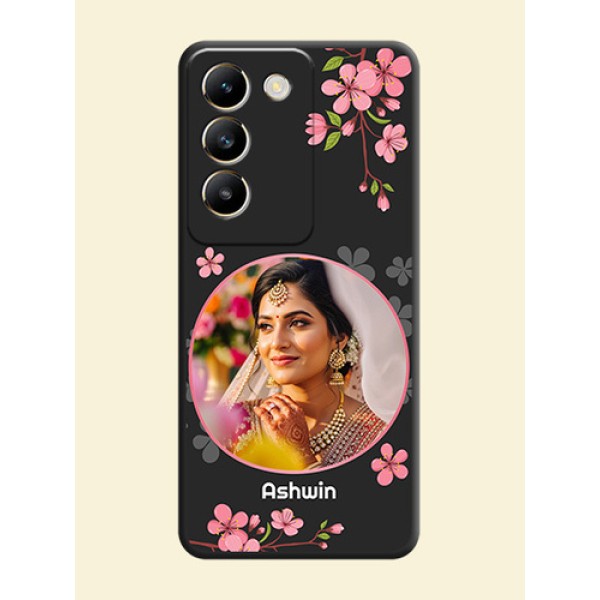 Round Image with Pink Color Floral Design - Photo on Space Black Soft Matte Back Cover - Vivo T3 5G Round Image with Pink Color Floral Design - Photo on Space Black Soft Matte Back Cover - Vivo T3 5G