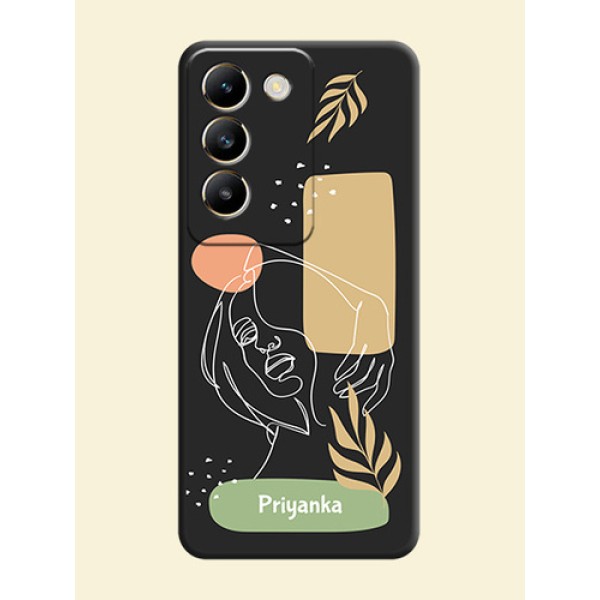 Custom Text With Line Art Of Women & Leaves Design On Space Black Personalized Soft Matte Phone Covers - Vivo T3 5G