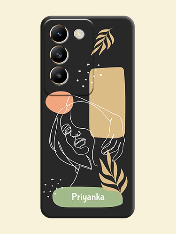 Custom Text With Line Art Of Women & Leaves Design On Space Black Personalized Soft Matte Phone Covers - Vivo T3 5G