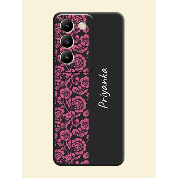Pink Floral Pattern Design With Custom Text On Space Black Personalized Soft Matte Phone Covers - Vivo T3 5G