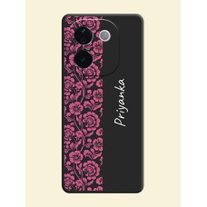 Pink Floral Pattern Design With Custom Text On Space Black Custom Soft Matte Mobile Back Cover - Vivo T3 Pro 5G