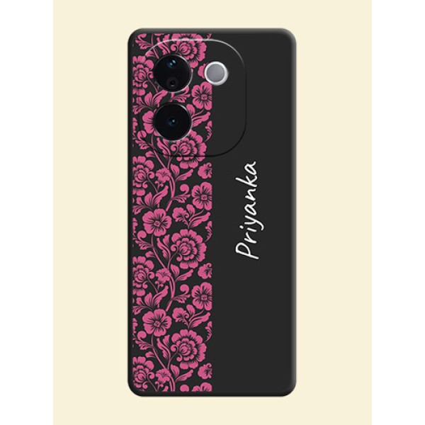 Pink Floral Pattern Design With Custom Text On Space Black Custom Soft Matte Mobile Back Cover - Vivo T3 Pro 5G Pink Floral Pattern Design With Custom Text On Space Black Custom Soft Matte Mobile Back Cover - Vivo T3 Pro 5G