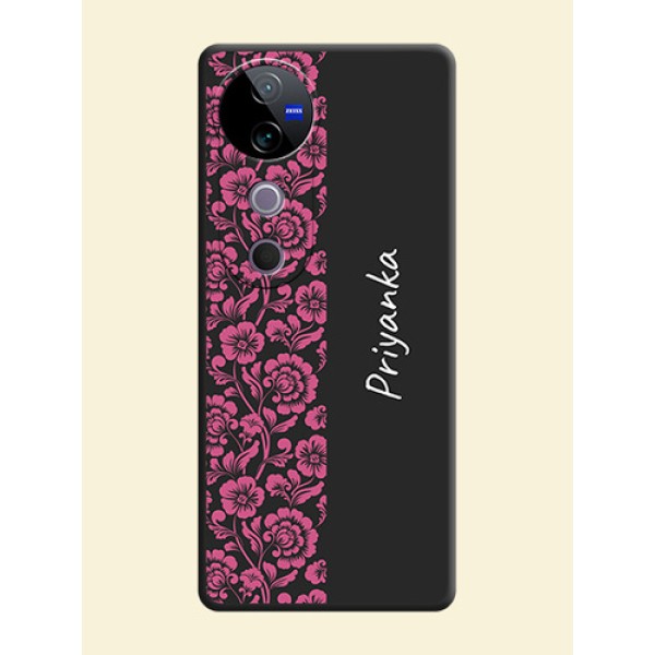 Pink Floral Pattern Design With Custom Text On Space Black Custom Soft Matte Mobile Back Cover - Vivo T3 Ultra Pink Floral Pattern Design With Custom Text On Space Black Custom Soft Matte Mobile Back Cover - Vivo T3 Ultra