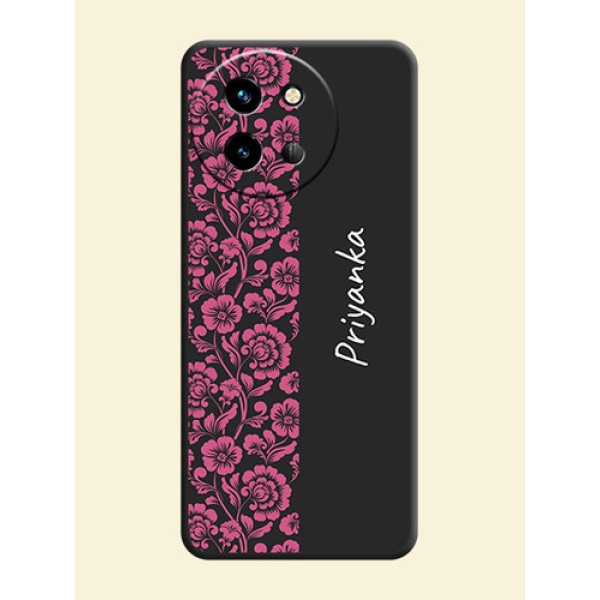 Pink Floral Pattern Design With Custom Text On Space Black Custom Soft Matte Mobile Back Cover - Vivo T3X 5G Pink Floral Pattern Design With Custom Text On Space Black Custom Soft Matte Mobile Back Cover - Vivo T3X 5G