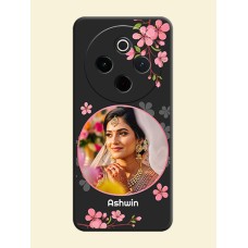 Round Image with Pink Color Floral Design on Photo On Space Black Custom Soft Matte Mobile Back Cover - Vivo T4 5G