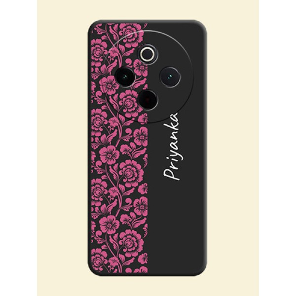 Pink Floral Pattern Design With Custom Text On Space Black Custom Soft Matte Mobile Back Cover - Vivo T4 5G Pink Floral Pattern Design With Custom Text On Space Black Custom Soft Matte Mobile Back Cover - Vivo T4 5G