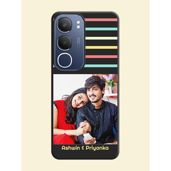 Color Stripes with Photo and Text on Photo On Space Black Custom Soft Matte Mobile Back Cover - Vivo T4 Lite Color Stripes with Photo and Text on Photo On Space Black Custom Soft Matte Mobile Back Cover - Vivo T4 Lite