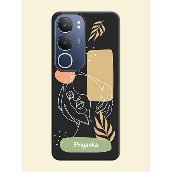 Custom Text With Line Art Of Women & Leaves Design On Space Black Custom Soft Matte Mobile Back Cover - Vivo T4 Lite Custom Text With Line Art Of Women & Leaves Design On Space Black Custom Soft Matte Mobile Back Cover - Vivo T4 Lite