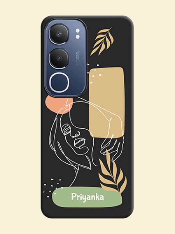 Custom Text With Line Art Of Women & Leaves Design On Space Black Custom Soft Matte Mobile Back Cover - Vivo T4 Lite