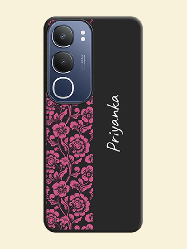 Pink Floral Pattern Design With Custom Text On Space Black Custom Soft Matte Mobile Back Cover - Vivo T4 Lite