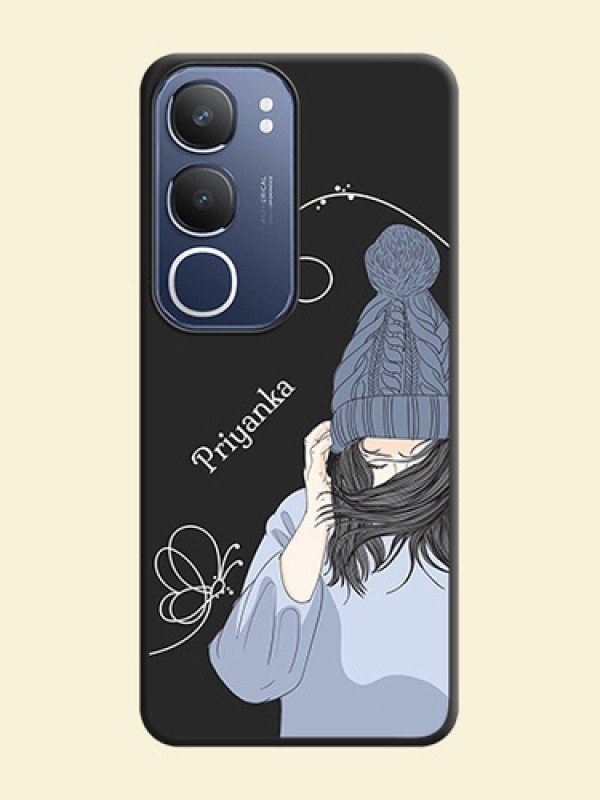 Girl With Blue Winter Outfiit Custom Text Design On Space Black Custom Soft Matte Mobile Back Cover - Vivo T4 Lite