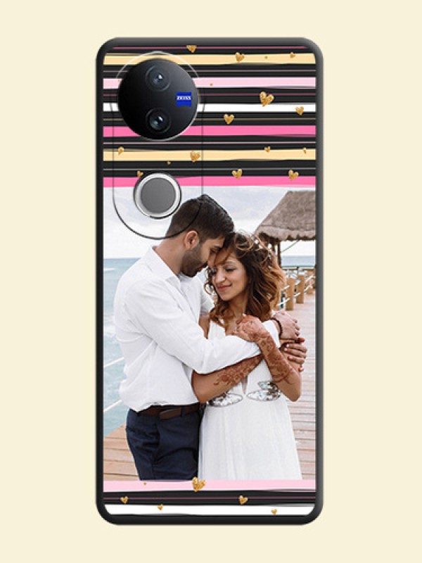 Multicolor Lines and Golden Love Symbols Design on Photo On Space Black Custom Soft Matte Mobile Back Cover - Vivo T4R 5G