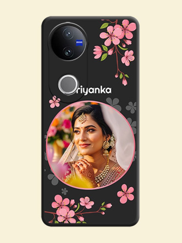 Round Image with Pink Color Floral Design on Photo On Space Black Custom Soft Matte Mobile Back Cover - Vivo T4R 5G