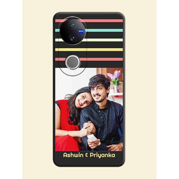 Color Stripes with Photo and Text on Photo On Space Black Custom Soft Matte Mobile Back Cover - Vivo T4R 5G Color Stripes with Photo and Text on Photo On Space Black Custom Soft Matte Mobile Back Cover - Vivo T4R 5G