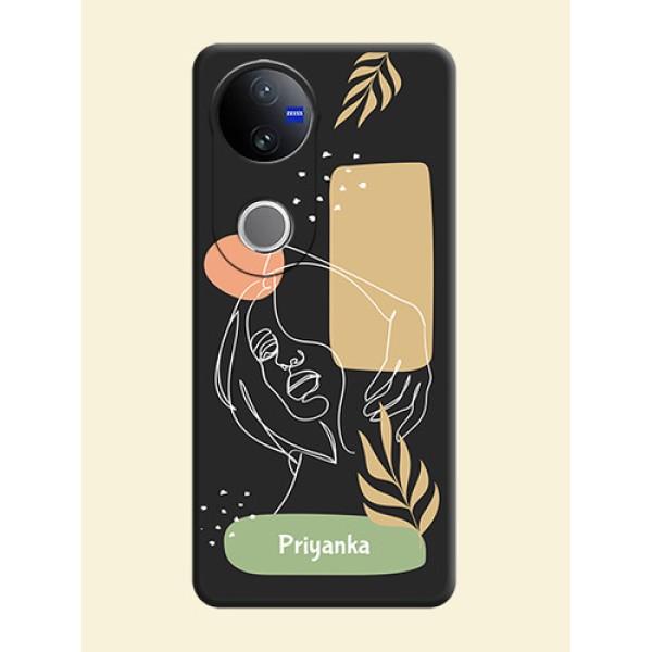 Custom Text With Line Art Of Women & Leaves Design On Space Black Custom Soft Matte Mobile Back Cover - Vivo T4R 5G Custom Text With Line Art Of Women & Leaves Design On Space Black Custom Soft Matte Mobile Back Cover - Vivo T4R 5G
