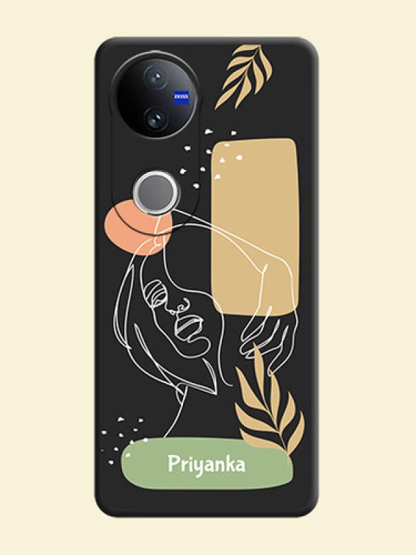 Custom Text With Line Art Of Women & Leaves Design On Space Black Custom Soft Matte Mobile Back Cover - Vivo T4R 5G
