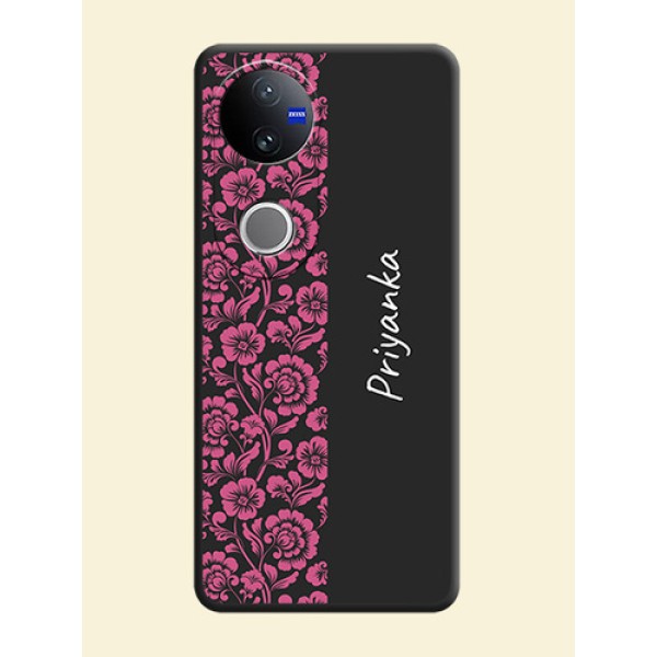 Pink Floral Pattern Design With Custom Text On Space Black Custom Soft Matte Mobile Back Cover - Vivo T4R 5G Pink Floral Pattern Design With Custom Text On Space Black Custom Soft Matte Mobile Back Cover - Vivo T4R 5G