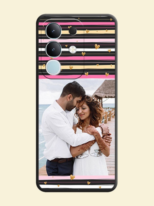 Multicolor Lines and Golden Love Symbols Design on Photo On Space Black Custom Soft Matte Mobile Back Cover - Vivo T4x 5G