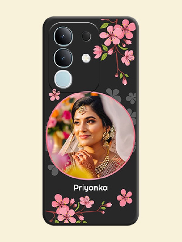 Round Image with Pink Color Floral Design on Photo On Space Black Custom Soft Matte Mobile Back Cover - Vivo T4x 5G