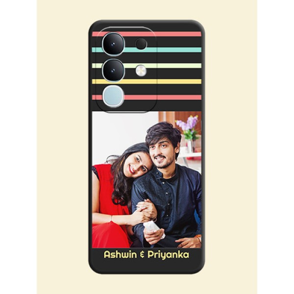 Color Stripes with Photo and Text on Photo On Space Black Custom Soft Matte Mobile Back Cover - Vivo T4x 5G Color Stripes with Photo and Text on Photo On Space Black Custom Soft Matte Mobile Back Cover - Vivo T4x 5G