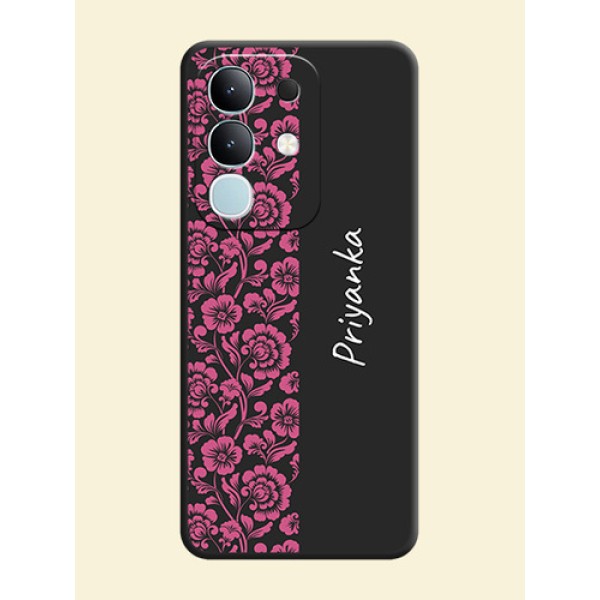 Pink Floral Pattern Design With Custom Text On Space Black Custom Soft Matte Mobile Back Cover - Vivo T4x 5G Pink Floral Pattern Design With Custom Text On Space Black Custom Soft Matte Mobile Back Cover - Vivo T4x 5G