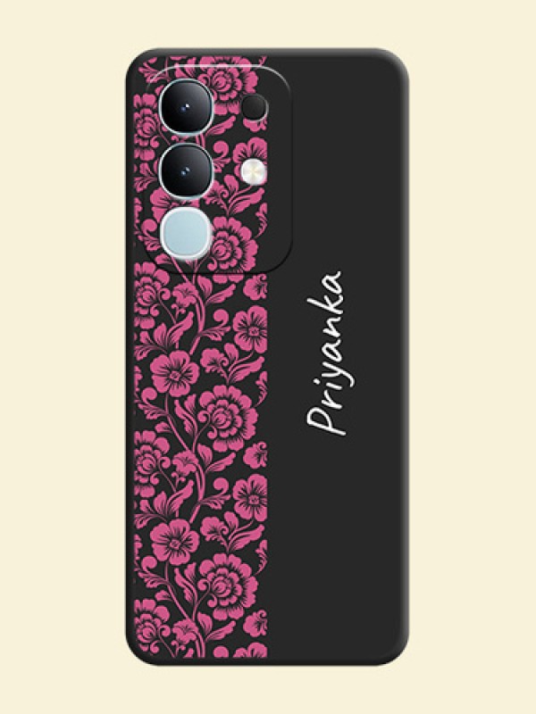 Pink Floral Pattern Design With Custom Text On Space Black Custom Soft Matte Mobile Back Cover - Vivo T4x 5G
