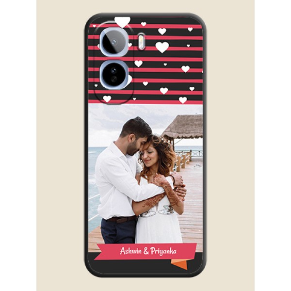 White Color Love Symbols with Pink Lines Pattern On Space Black Custom Soft Matte Mobile Back Cover - Vivo T5 Pro 5G