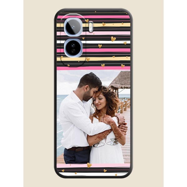 Multicolor Lines and Golden Love Symbols Design on Photo On Space Black Custom Soft Matte Mobile Back Cover - Vivo T5 Pro 5G