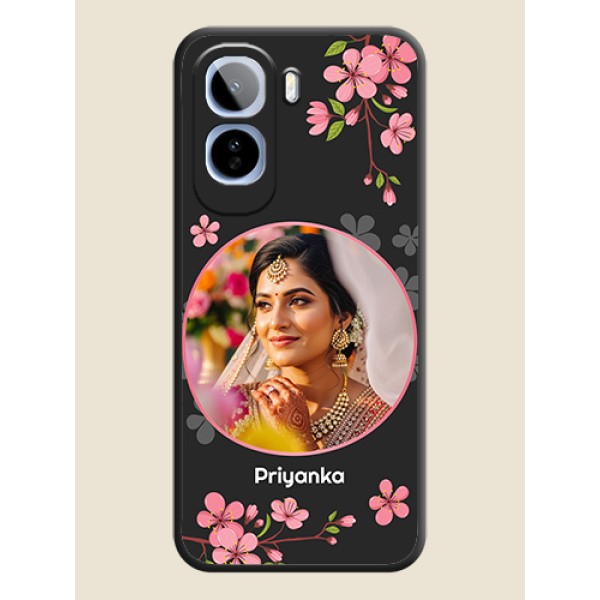 Round Image with Pink Color Floral Design on Photo On Space Black Custom Soft Matte Mobile Back Cover - Vivo T5 Pro 5G Round Image with Pink Color Floral Design on Photo On Space Black Custom Soft Matte Mobile Back Cover - Vivo T5 Pro 5G