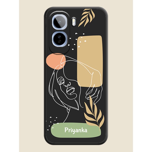 Custom Text With Line Art Of Women & Leaves Design On Space Black Custom Soft Matte Mobile Back Cover - Vivo T5 Pro 5G Custom Text With Line Art Of Women & Leaves Design On Space Black Custom Soft Matte Mobile Back Cover - Vivo T5 Pro 5G