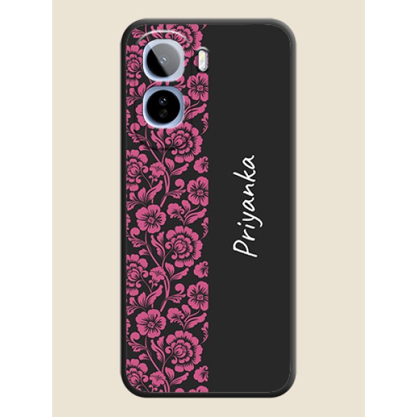 Pink Floral Pattern Design With Custom Text On Space Black Custom Soft Matte Mobile Back Cover - Vivo T5 Pro 5G Pink Floral Pattern Design With Custom Text On Space Black Custom Soft Matte Mobile Back Cover - Vivo T5 Pro 5G