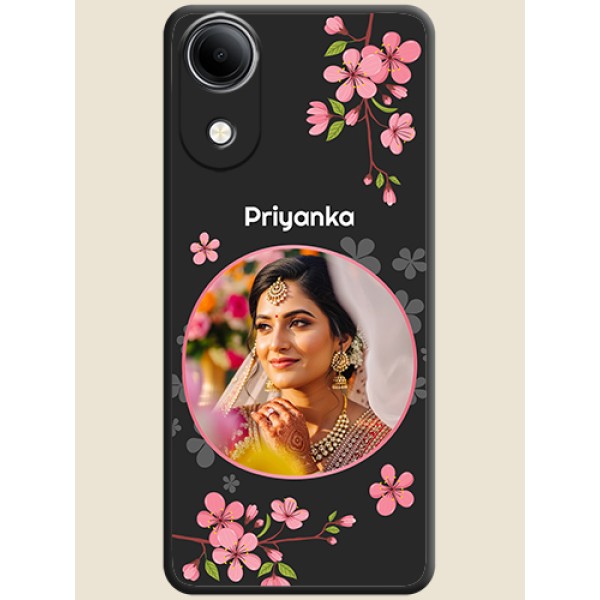 Round Image with Pink Color Floral Design on Photo On Space Black Custom Soft Matte Mobile Back Cover - Vivo T5e 4G Round Image with Pink Color Floral Design on Photo On Space Black Custom Soft Matte Mobile Back Cover - Vivo T5e 4G